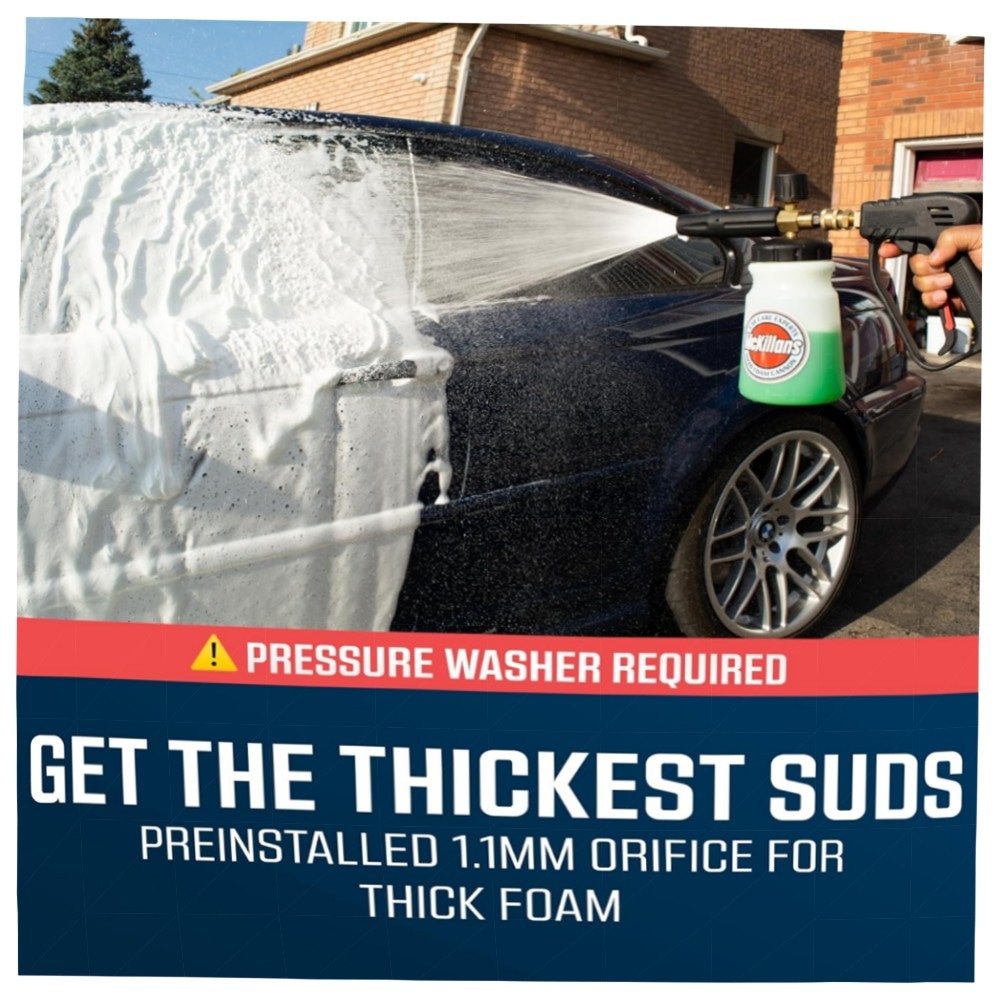 Schneeschaumkanone Hochdruckreiniger 1 L mit verstellbarer Lanze & 6,35 mm Schnellverbinder – Messinganschlüsse, dicker Schaum für schonende Autowäsche