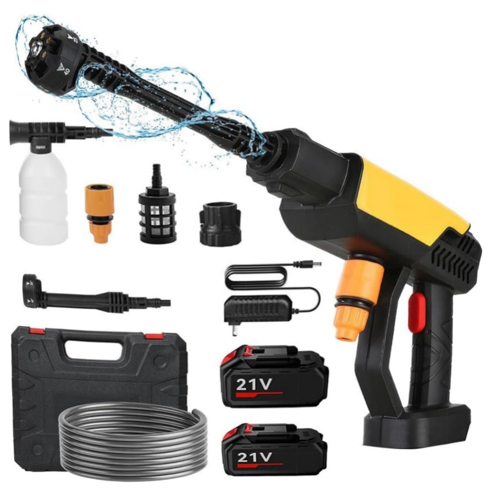 Akku Hochdruckreiniger 21V, 70 Bar – Mobiler 15000mAh*2 Druckreiniger mit 6‑in‑1 Düsen & 5 m Schlauch, tragbar für Auto & Garten