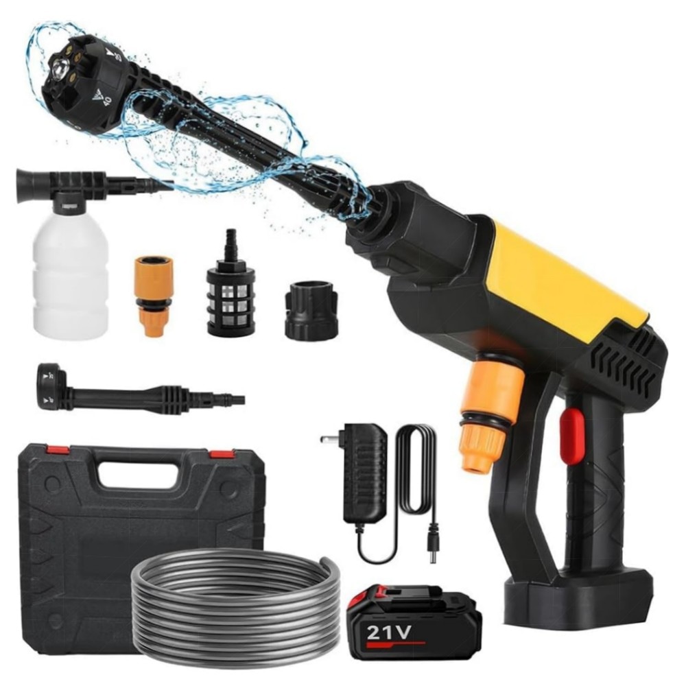 Akku Hochdruckreiniger 21V, 70 Bar – Mobiler 15000mAh*2 Druckreiniger mit 6‑in‑1 Düsen & 5 m Schlauch, tragbar für Auto & Garten