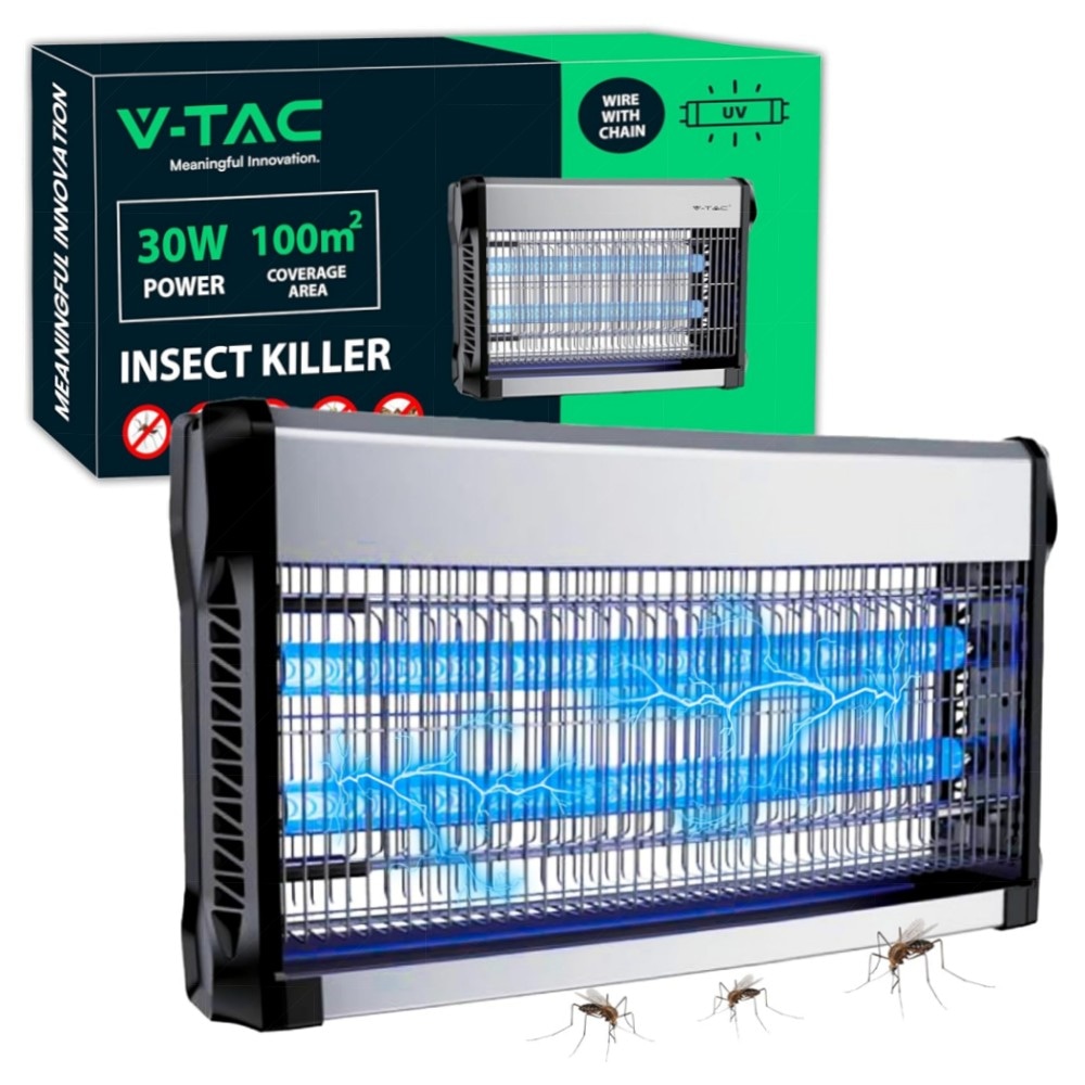 V-TAC Elektrisches Fliegengitter 30W – UV-Mückenlampe für 100 m², Aluminium‑gehäuse, schlankes Design, innen & außen