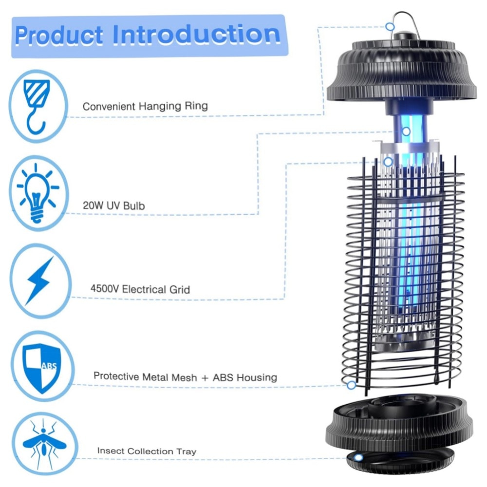 Elektrischer Insektenvernichter 20W – UV Mückenlampe mit 4500V, IPX4 wasserdicht, geruchsneutral & ungiftig, 360° Fliegenfalle für Innen & Garten
