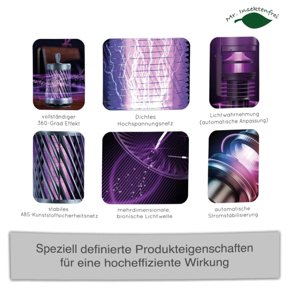 Kabelloser 2‑in‑1 Insektenvernichter mit Akku – UV Mückenlampe (365 nm), 3000V Elektroschock, leise Nachtlicht & wiederaufladbar