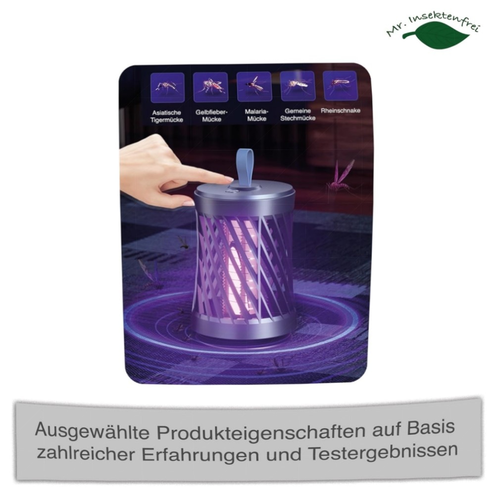 Kabelloser 2‑in‑1 Insektenvernichter mit Akku – UV Mückenlampe (365 nm), 3000V Elektroschock, leise Nachtlicht & wiederaufladbar