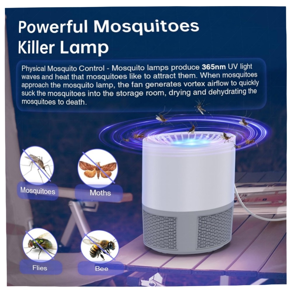 Elektrischer Insektenvernichter USB – Tragbare UV-Mückenfalle mit 7‑Blatt Turbinen‑Ventilator, leise & USB‑betriebene Moskito‑Lampe für Haus, Garten & Camping