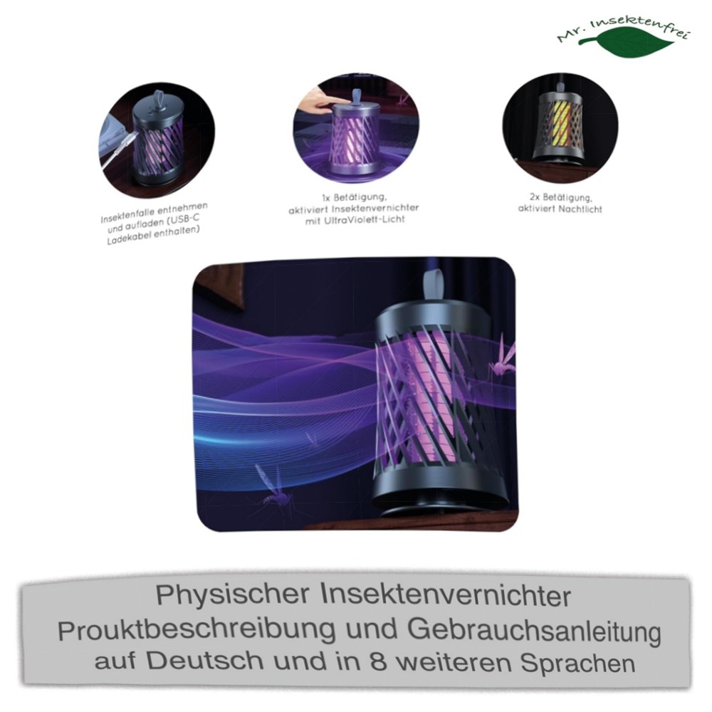 Kabelloser 2‑in‑1 Insektenvernichter mit Akku – UV Mückenlampe (365 nm), 3000V Elektroschock, leise Nachtlicht & wiederaufladbar