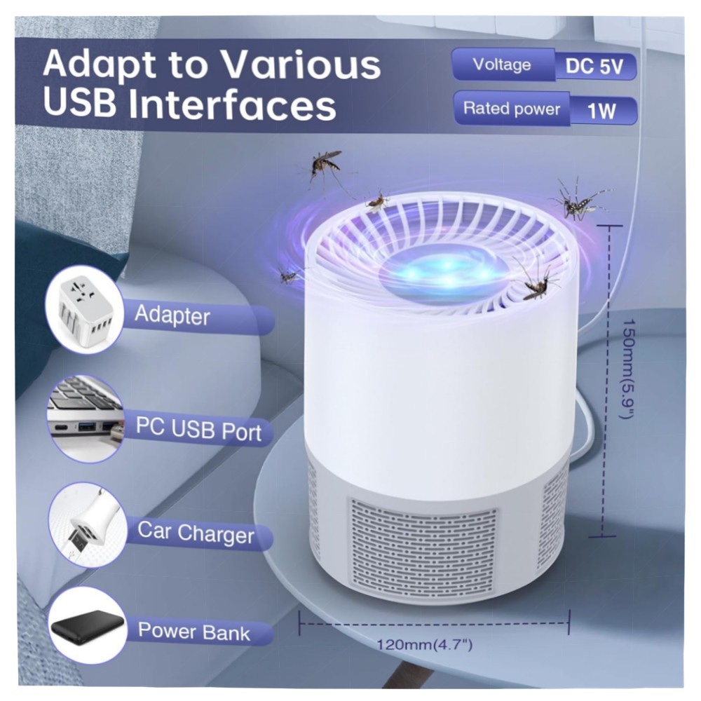 Elektrischer Insektenvernichter USB – Tragbare UV-Mückenfalle mit 7‑Blatt Turbinen‑Ventilator, leise & USB‑betriebene Moskito‑Lampe für Haus, Garten & Camping