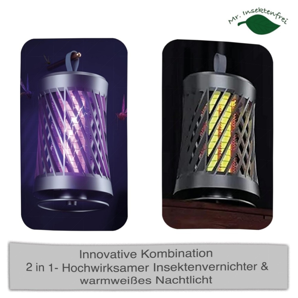 Kabelloser 2‑in‑1 Insektenvernichter mit Akku – UV Mückenlampe (365 nm), 3000V Elektroschock, leise Nachtlicht & wiederaufladbar