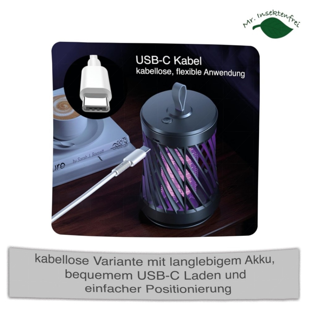 Kabelloser 2‑in‑1 Insektenvernichter mit Akku – UV Mückenlampe (365 nm), 3000V Elektroschock, leise Nachtlicht & wiederaufladbar
