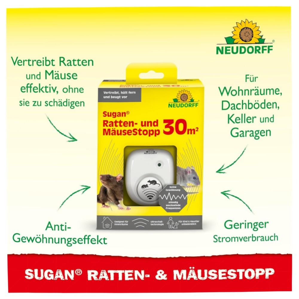Neudorff Sugan Ratten- und MäuseStopp 50 m² – Ultraschall-Schreck mit variierenden Frequenzen, geringer Stromverbrauch & Anti-Gewöhnungseffekt