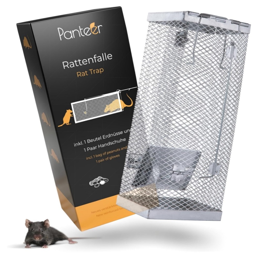 Panteer SCHÄDLINGSMEISTER XXL Lebendfalle für Ratten & Mäuse – vollverzinkt, 0,2s Schnellverschluss, inkl. Handschuhe & Köder