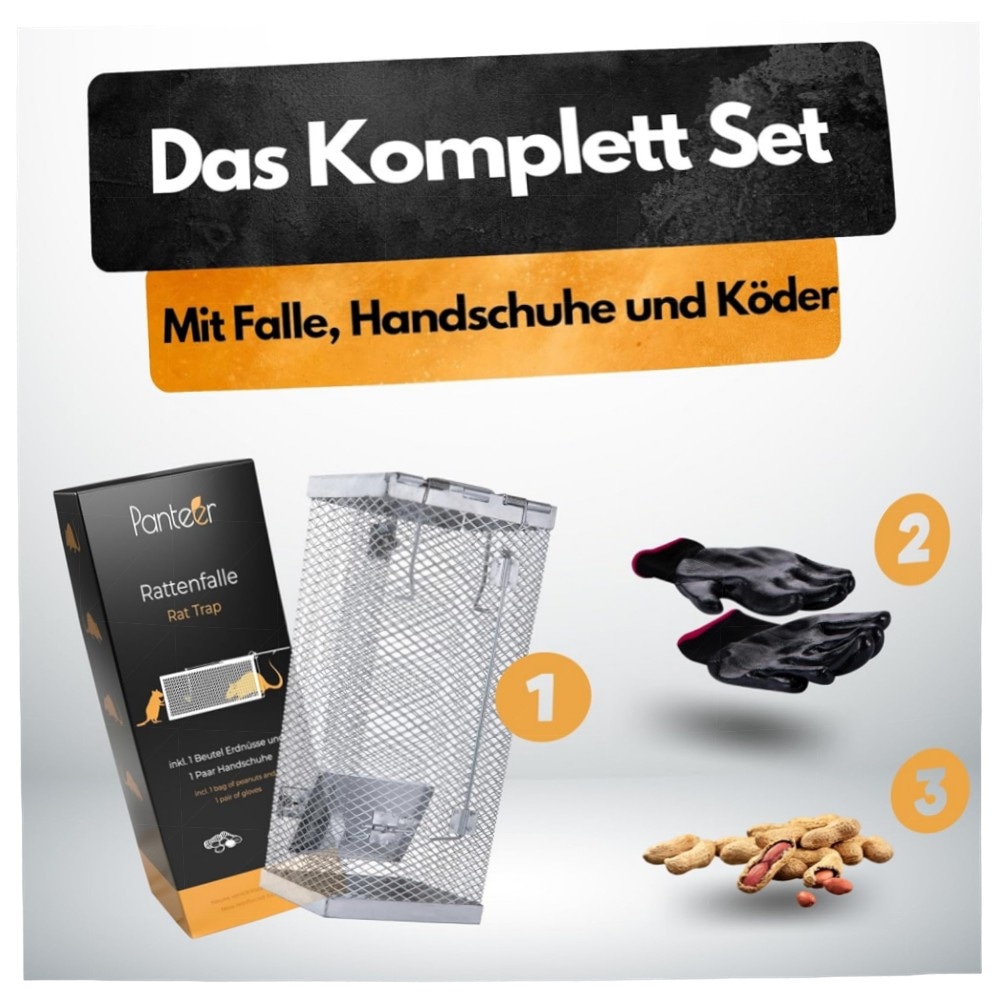 Panteer SCHÄDLINGSMEISTER XXL Lebendfalle für Ratten & Mäuse – vollverzinkt, 0,2s Schnellverschluss, inkl. Handschuhe & Köder