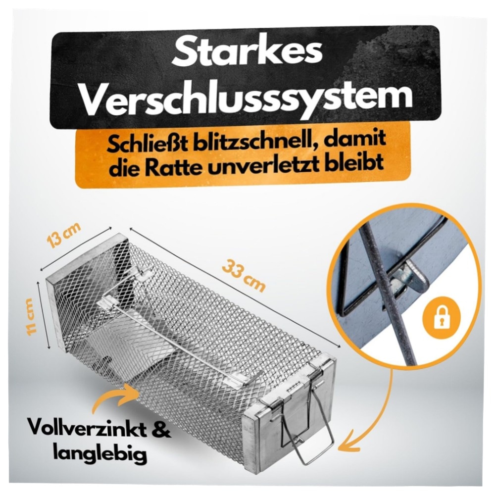 Panteer SCHÄDLINGSMEISTER XXL Lebendfalle für Ratten & Mäuse – vollverzinkt, 0,2s Schnellverschluss, inkl. Handschuhe & Köder