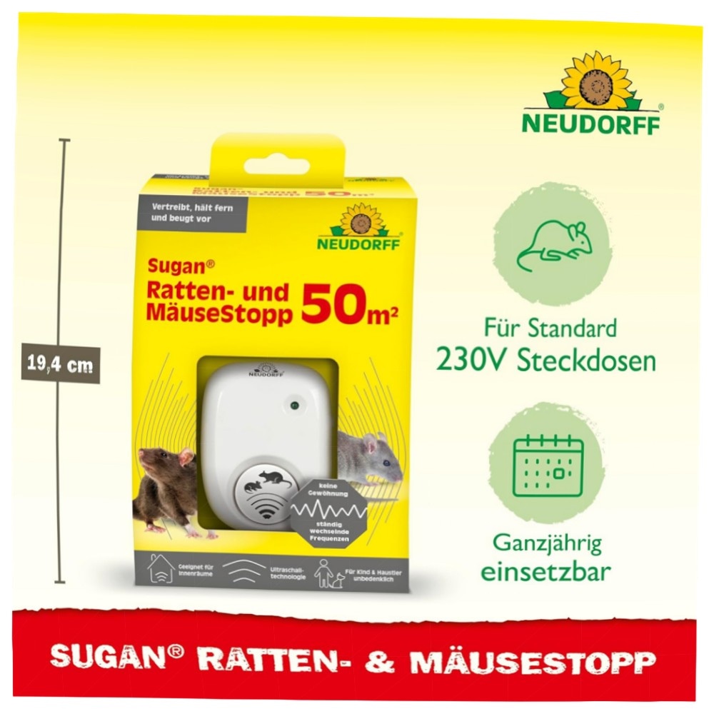 Neudorff Sugan Ratten- und MäuseStopp 50 m² – Ultraschall-Schreck mit variierenden Frequenzen, geringer Stromverbrauch & Anti-Gewöhnungseffekt