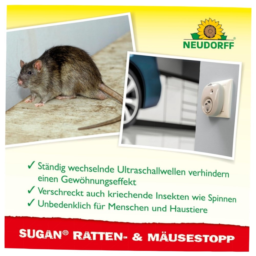 Neudorff Sugan Ratten- und MäuseStopp 50 m² – Ultraschall-Schreck mit variierenden Frequenzen, geringer Stromverbrauch & Anti-Gewöhnungseffekt