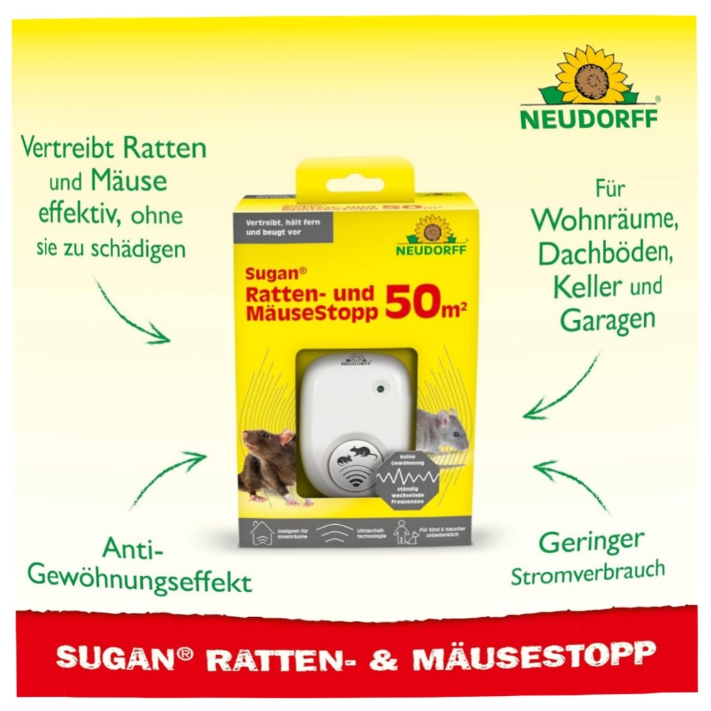 Neudorff Sugan Ratten- und MäuseStopp 50 m² – Ultraschall-Schreck mit variierenden Frequenzen, geringer Stromverbrauch & Anti-Gewöhnungseffekt