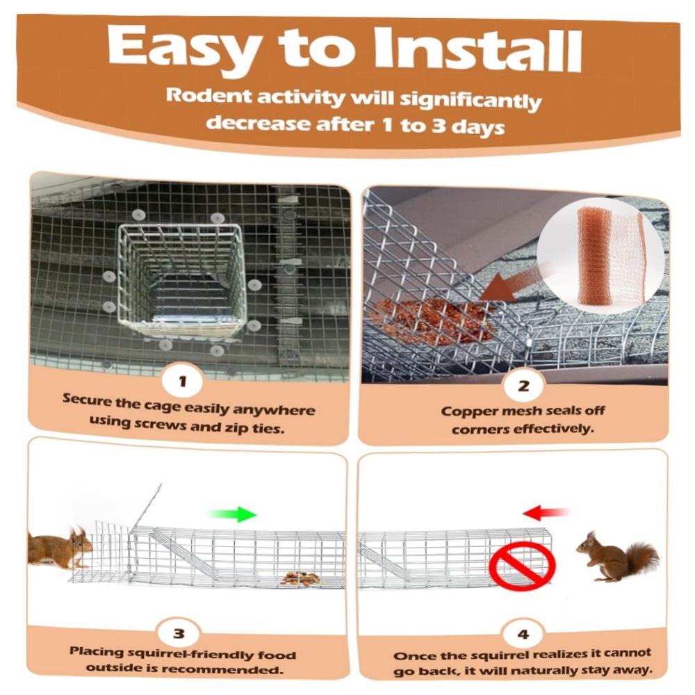 Eichhörnchen-Einweg-Türstopper – humane Nager-Excluder aus verzinktem Stahl, Komplett-Installationskit mit Kupfergeflecht