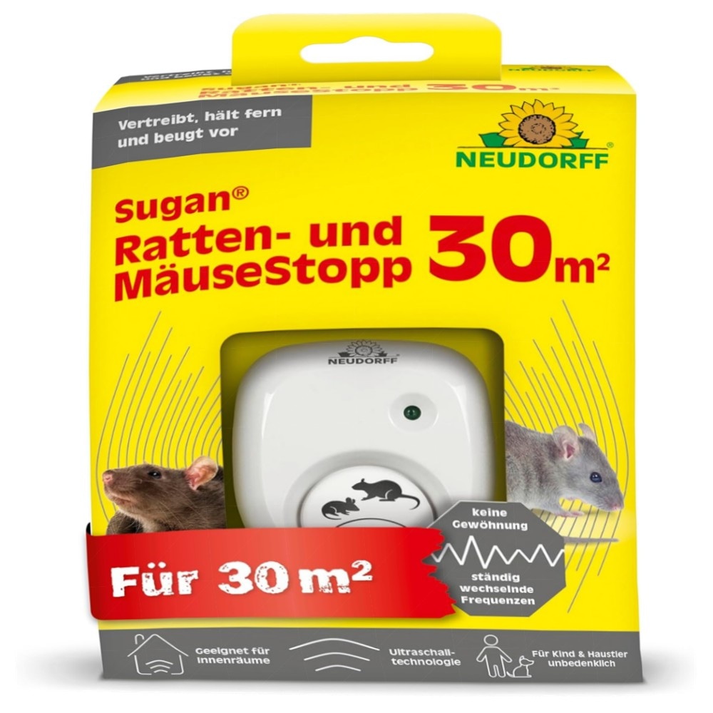 Neudorff Sugan Ratten- und MäuseStopp 50 m² – Ultraschall-Schreck mit variierenden Frequenzen, geringer Stromverbrauch & Anti-Gewöhnungseffekt