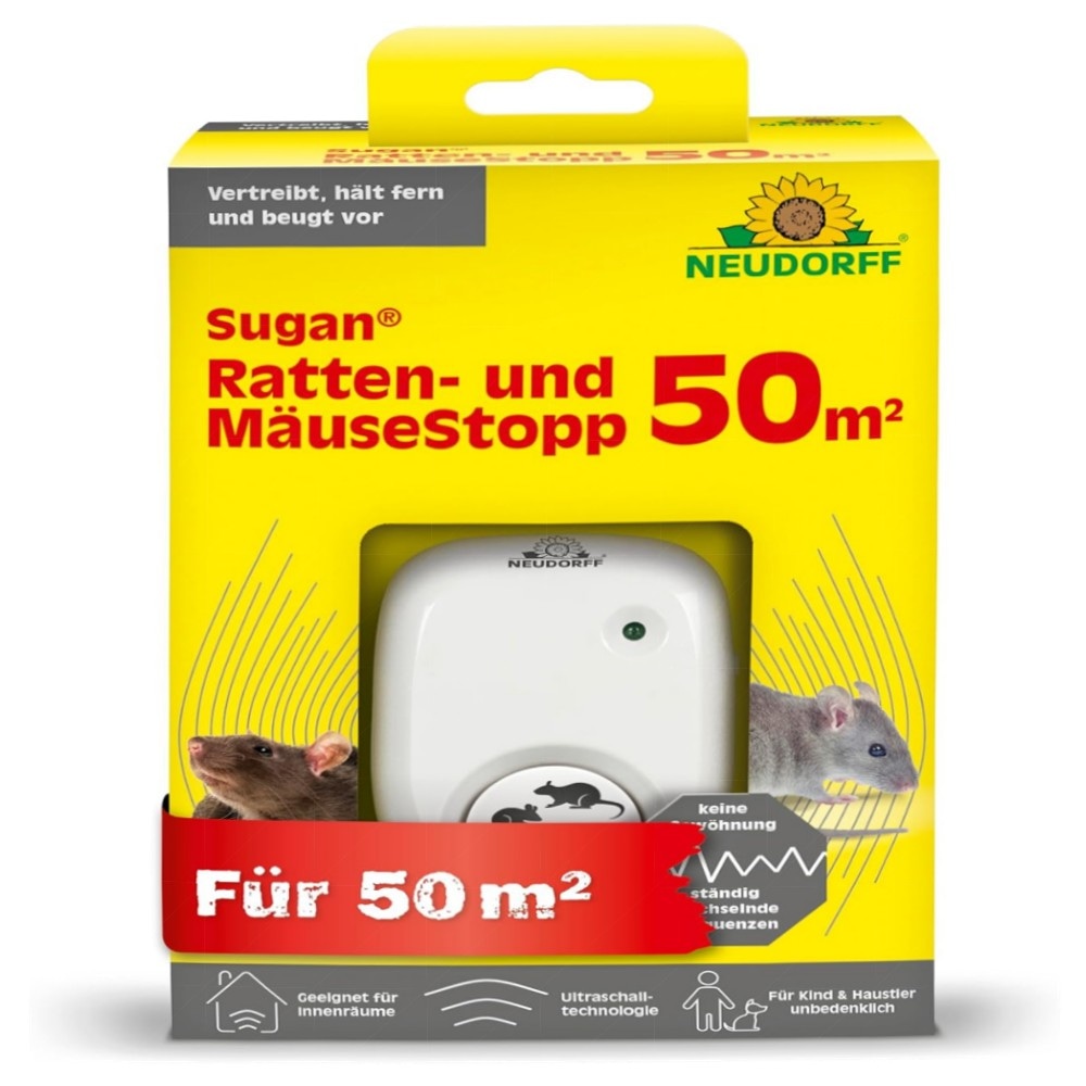 Neudorff Sugan Ratten- und MäuseStopp 50 m² – Ultraschall-Schreck mit variierenden Frequenzen, geringer Stromverbrauch & Anti-Gewöhnungseffekt