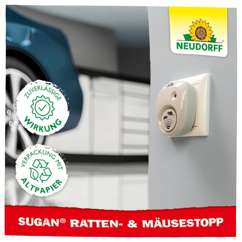 Neudorff Sugan Ratten- und MäuseStopp 50 m² – Ultraschall-Schreck mit variierenden Frequenzen, geringer Stromverbrauch & Anti-Gewöhnungseffekt