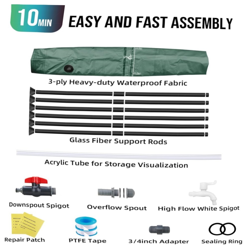 Faltbare Regentonne 200 L – Robuster, tragbarer Wassertank mit Fallrohr, 2 Hähnen & Überlauf – wetterfestes 500D‑PVC, platzsparend