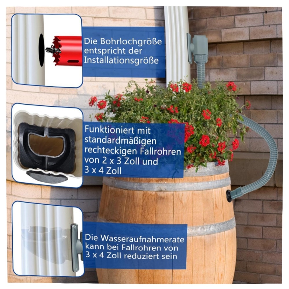 Regensammler für quadratische Fallrohre 60–80 mm, hochwertiger Regenwassersammler mit Montagezubehör & Schlauch – für Dächer bis 80 m²