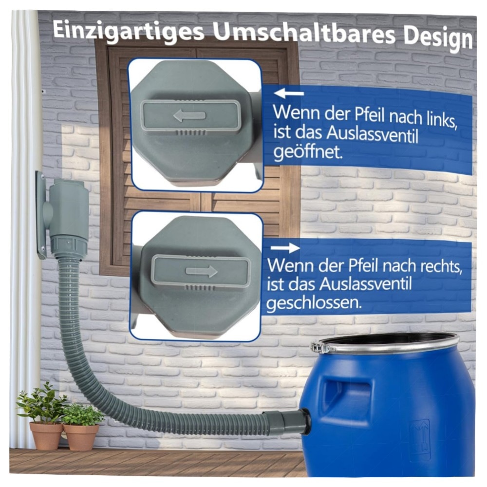 Regensammler für quadratische Fallrohre 60–80 mm, hochwertiger Regenwassersammler mit Montagezubehör & Schlauch – für Dächer bis 80 m²