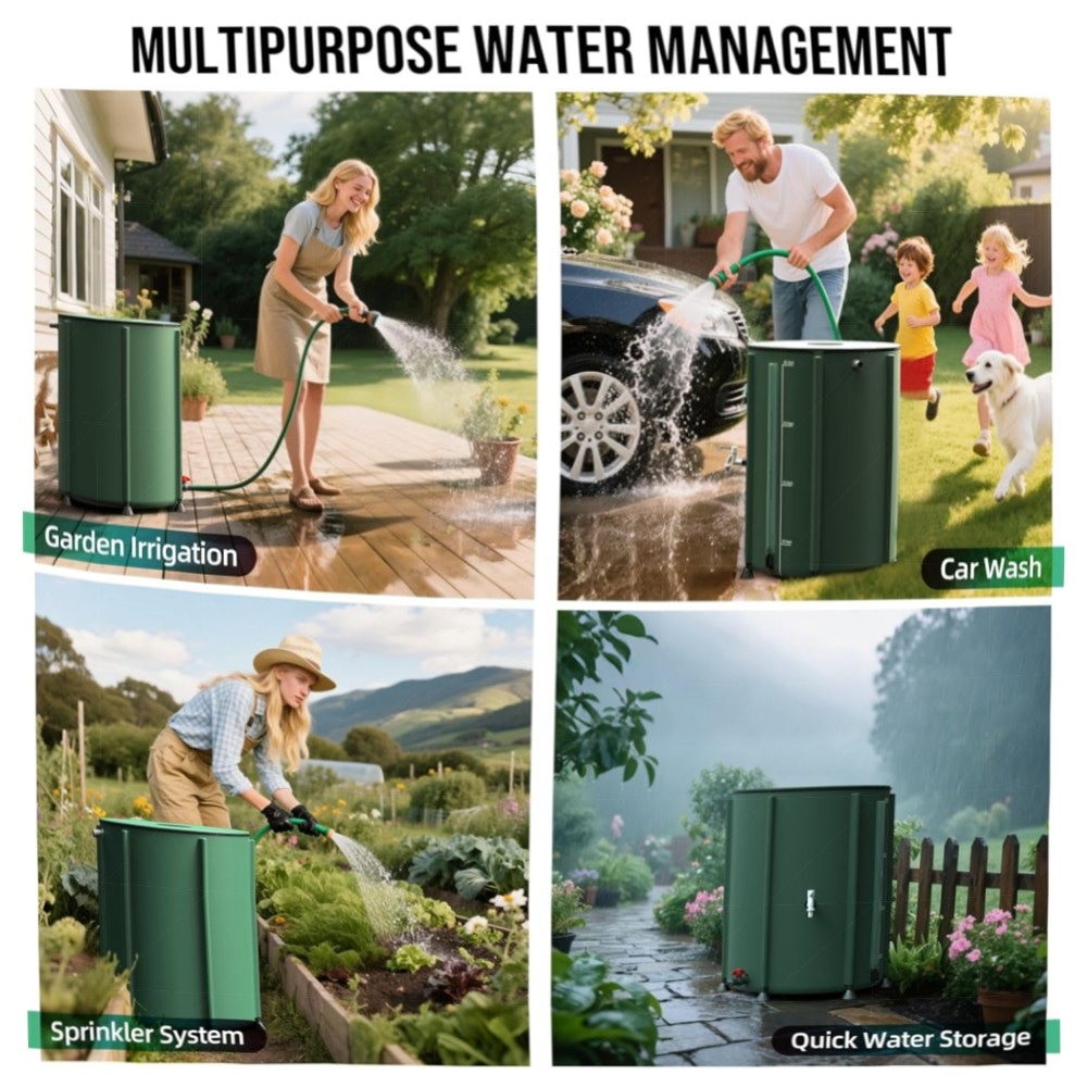 Faltbare Regentonne 200 L – Robuster, tragbarer Wassertank mit Fallrohr, 2 Hähnen & Überlauf – wetterfestes 500D‑PVC, platzsparend