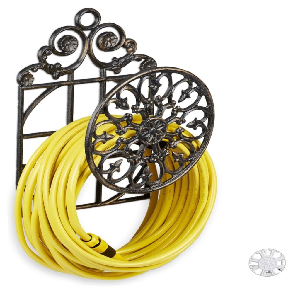 Großer Schlauchhalter aus Gusseisen, nostalgische Wandhalterung für Gartenschlauch (bis 20 m) – robust, dekorativ, bronze