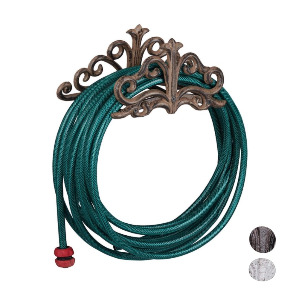 Schlauchhalter Wand Nostalgie (Gusseisen, 15x36x15 cm) – rustikaler Gartenschlauchhalter, weiß oder braun, stabile Wandmontage