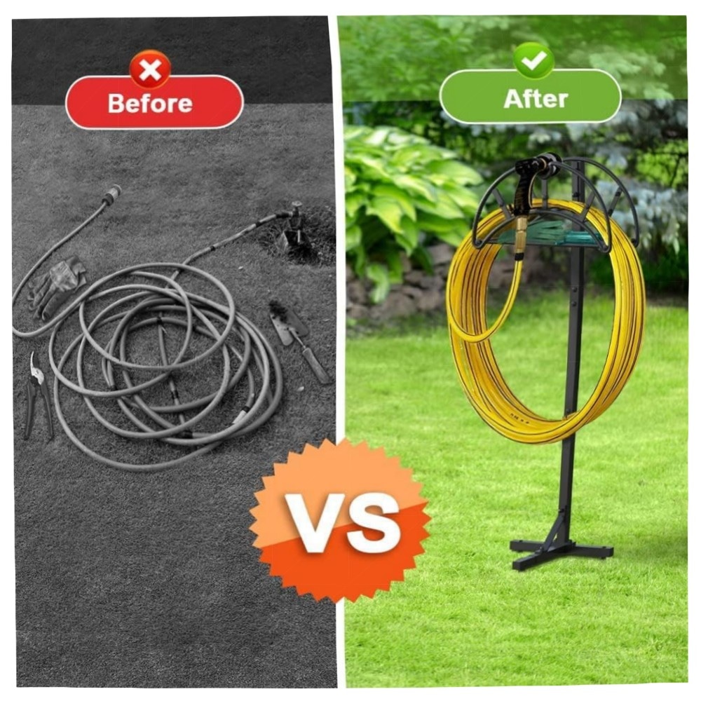 Freistehender Gartenschlauchhalter aus Metall – robuster Schlauchständer mit Ablagefach, pulverbeschichtet, dekorativ & platzsparend
