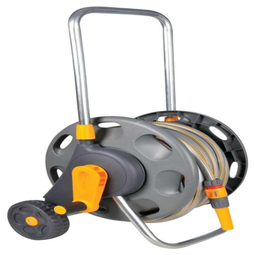 Hozelock 60 m Schlauchwagen (inkl. 25 m Starter-Schlauch) – stabiler Kunststoffrahmen, extra-gummierte Räder & lange Handkurbel