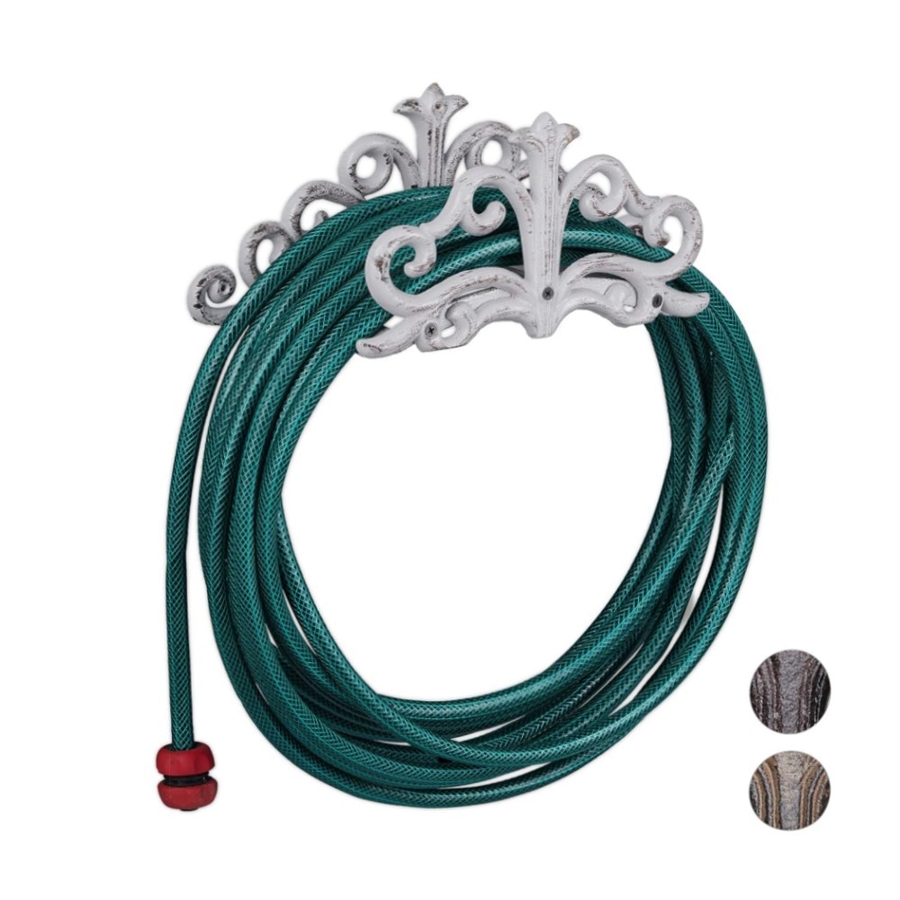 Schlauchhalter Wand Nostalgie (Gusseisen, 15x36x15 cm) – rustikaler Gartenschlauchhalter, weiß oder braun, stabile Wandmontage