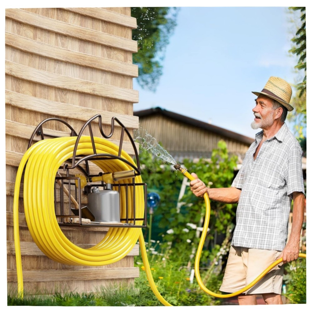 Gartenschlauchhalter Wand, robuster Metall-Schlauchaufhänger mit Werkzeugkorb – pulverbeschichtet, wetterfest, für Garten & Garage