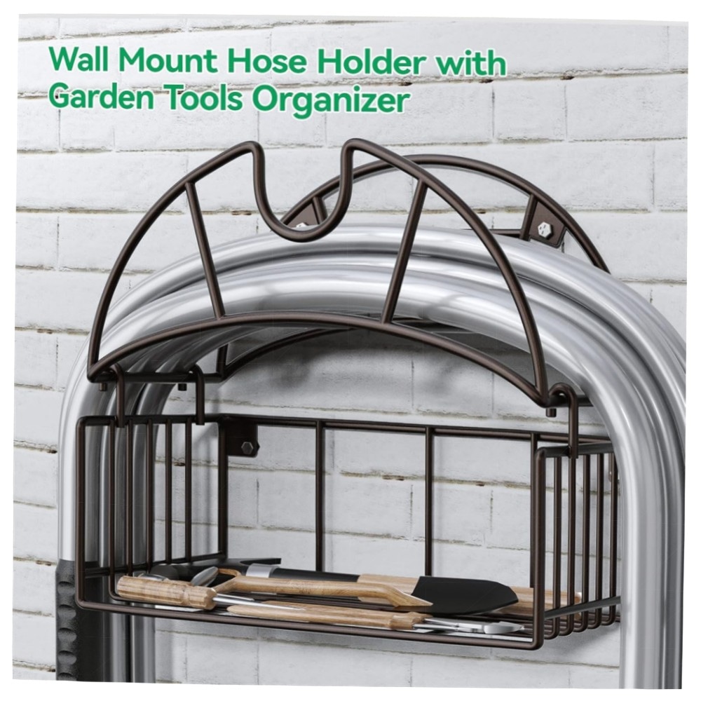 Gartenschlauchhalter Wand, robuster Metall-Schlauchaufhänger mit Werkzeugkorb – pulverbeschichtet, wetterfest, für Garten & Garage