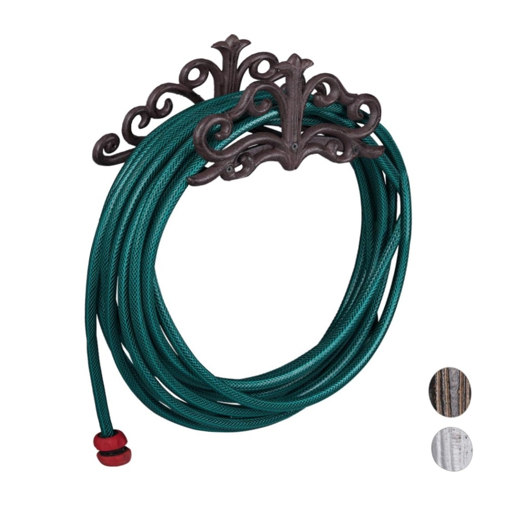 Schlauchhalter Wand Nostalgie (Gusseisen, 15x36x15 cm) – rustikaler Gartenschlauchhalter, weiß oder braun, stabile Wandmontage