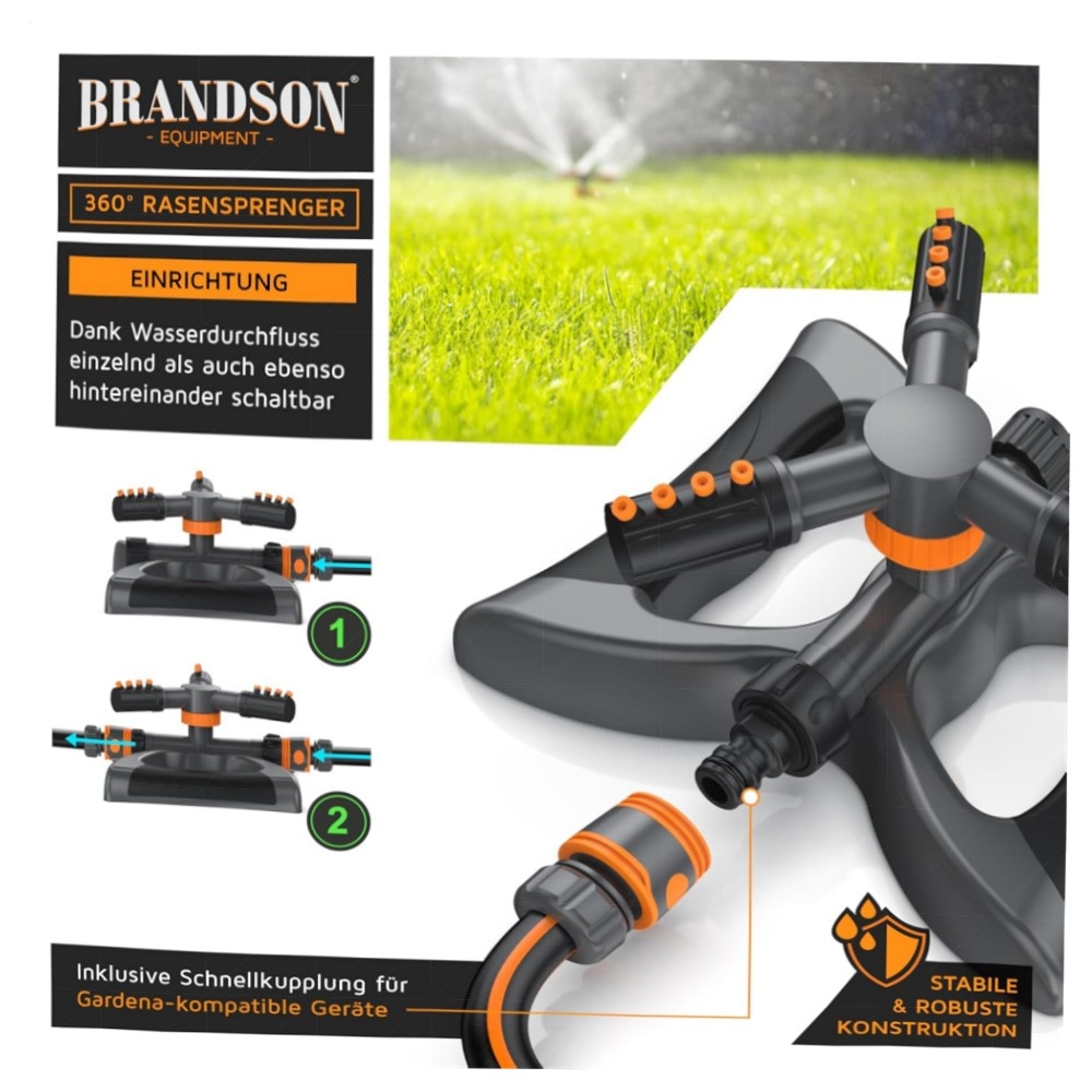 Rasensprenger 360° Kreisregner mit Schnellkupplung – Brandson, ABS, 10 m Reichweite für große Flächen
