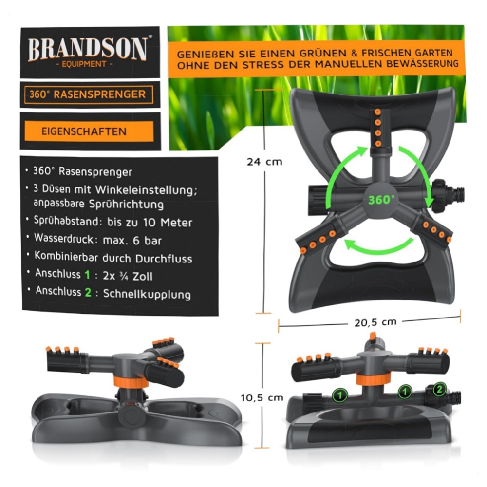 Rasensprenger 360° Kreisregner mit Schnellkupplung – Brandson, ABS, 10 m Reichweite für große Flächen