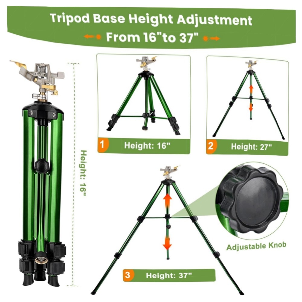 360° Stativ-Sprinkler für großen Rasen, verstellbar 40–94 cm, 1,9 cm Anschluss – robuster Metallkopf, wassersparend