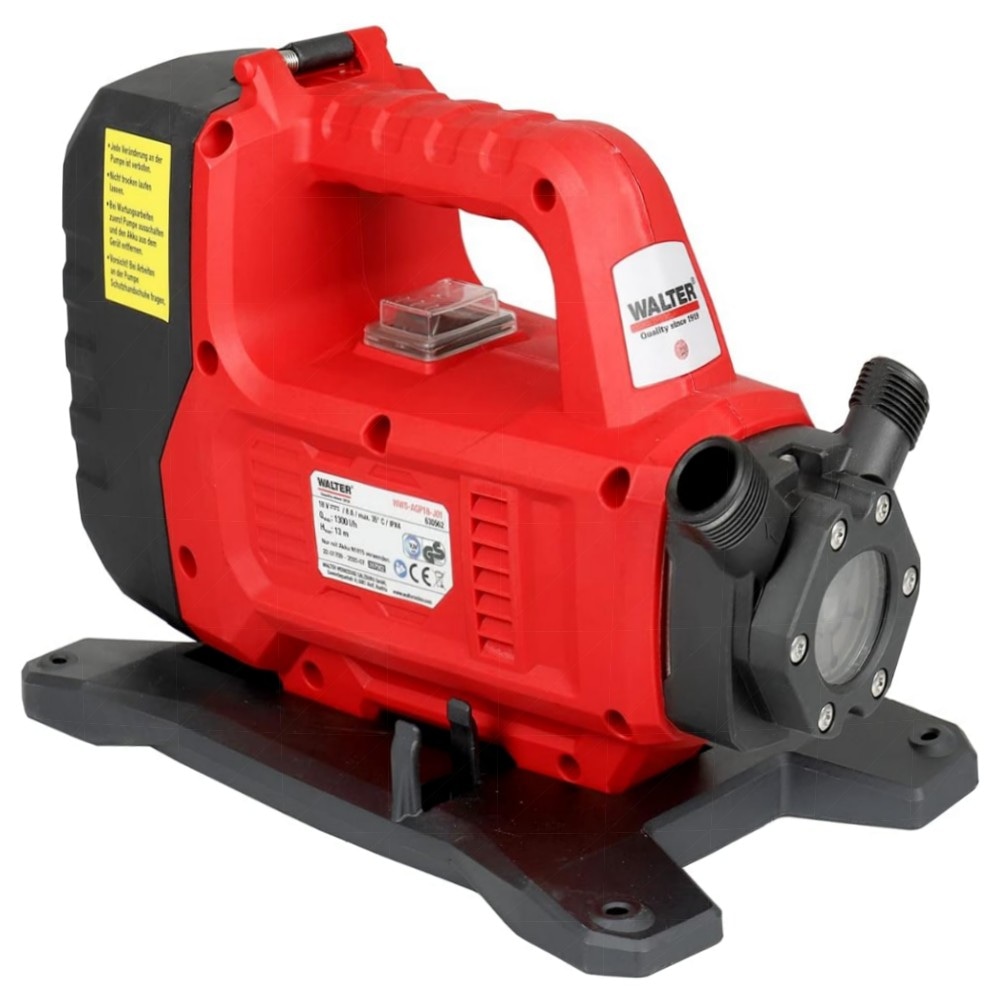 WALTER 18V Akku-Gartenpumpe 1300 l/h – leicht & tragbar, IPX4, integrierte Akkuanzeige & Zubehör