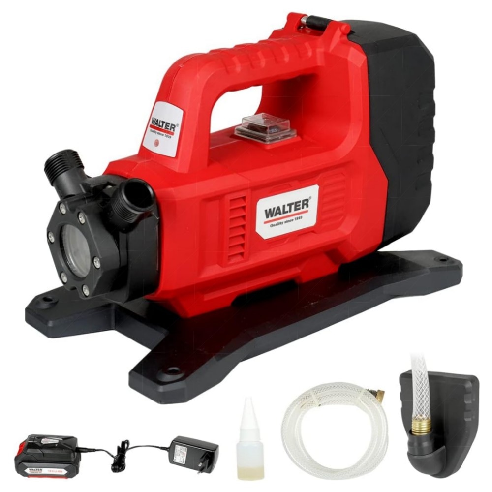 WALTER 18V Akku-Gartenpumpe 1300 l/h – leicht & tragbar, IPX4, integrierte Akkuanzeige & Zubehör