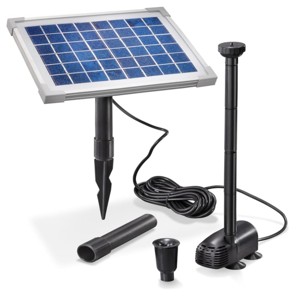 Solar-Teichpumpe WATERSPLASH 5/470 – Solarbetriebenes Springbrunnen-Set 5W, 470 l/h, IP68, inkl. Düsen & Erdspieß