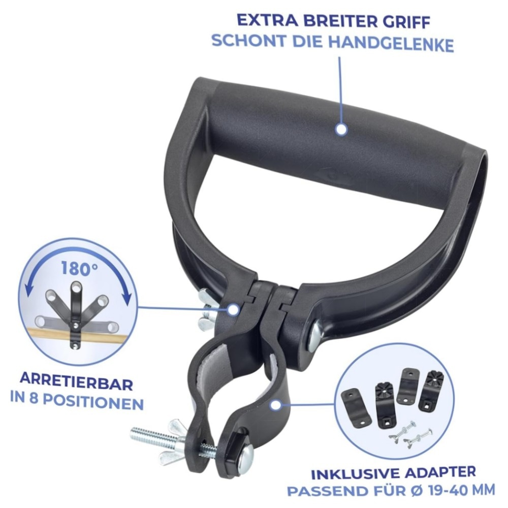 Universal-Griff 180° schwenkbar – ergonomischer Stielgriff für Rücken & Gelenke, 2 Adapter Ø19–40mm, hochwertig und verstellbar