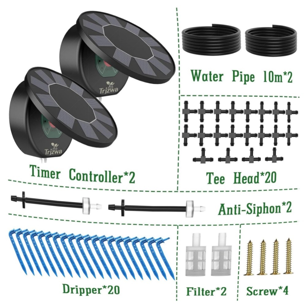 Solar-Bewässerungssystem 2er-Set für Garten & Balkon – Automatische Tropfbewässerung mit Solarpanel, 9 Programme, 10 m Schlauch, energiesparend
