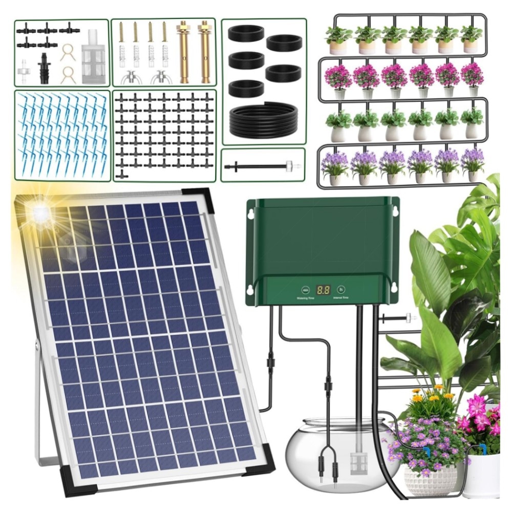 Solar-Bewässerungssystem AnseTo – Automatische Tropfbewässerung für Balkon & Garten, solarbetrieben, erweiterbar bis 50 Pflanzen