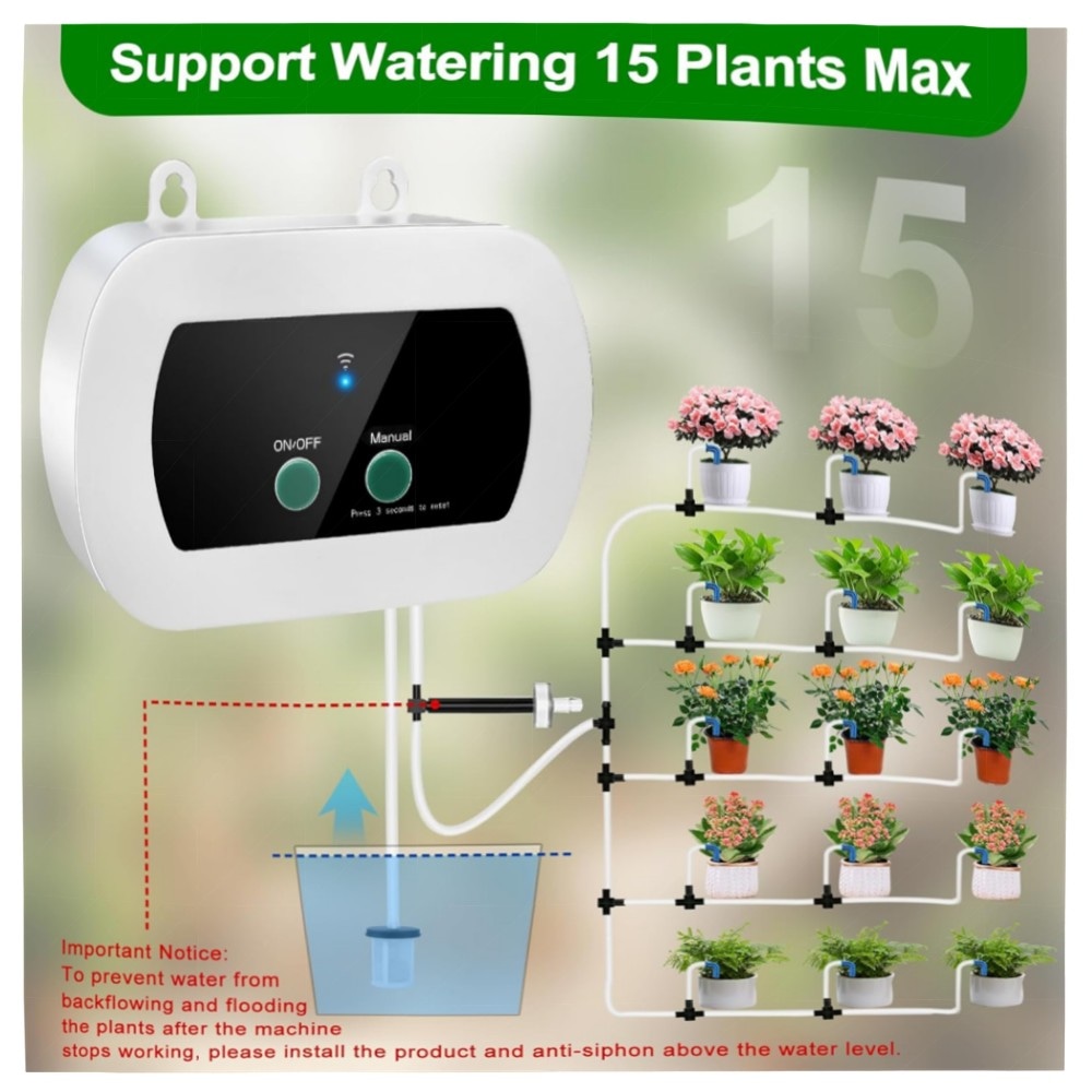 WiFi Tropfbewässerungssystem mit App-Steuerung – Intelligente Zeitschaltuhr, 15 Tropfdüsen, 10m Schlauch, anti-Siphon & Alarm, hochwertig für Garten & Balkon