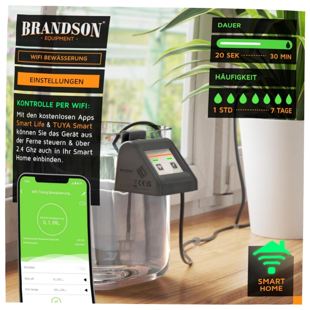 WLAN Tröpfchenbewässerungssystem (2,4 GHz) – Brandson Smart Bewässerungscomputer für bis zu 10 Pflanzen, App‑ & Sprachsteuerung, inkl. 10 m Schlauch