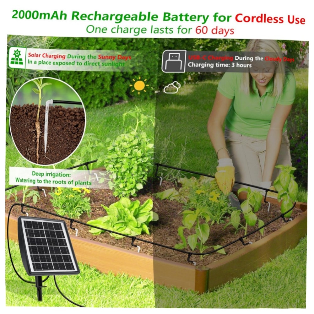Solar Bewässerungssystem 2025 – Automatische Tröpfchenbewässerung mit Timer, 15m Schlauch, IP65, 2000mAh Akku für Balkon, Kübel & Gewächshaus
