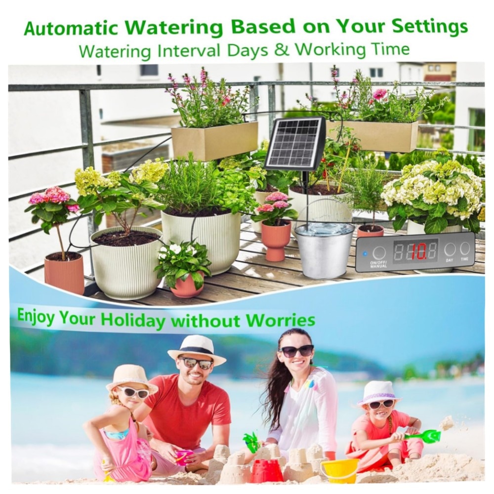 Solar Bewässerungssystem 2025 – Automatische Tröpfchenbewässerung mit Timer, 15m Schlauch, IP65, 2000mAh Akku für Balkon, Kübel & Gewächshaus