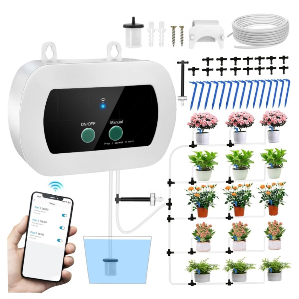 WiFi Tropfbewässerungssystem mit App-Steuerung – Intelligente Zeitschaltuhr, 15 Tropfdüsen, 10m Schlauch, anti-Siphon & Alarm, hochwertig für Garten & Balkon