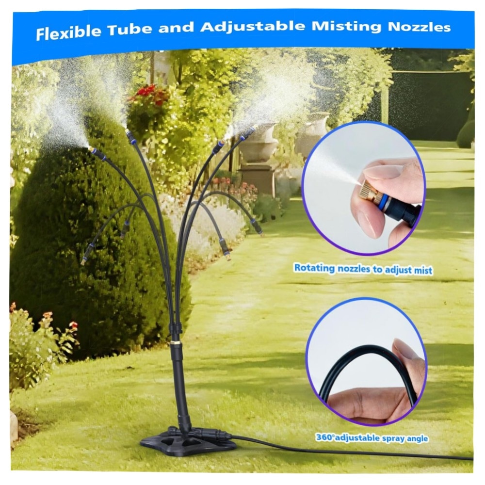 4be4eb4e7259.jpg Stehendes Sprühnebel-Kühlsystem 8 m Schlauch – Tragbarer Wassernebel für Terrasse, Garten & Pool, ABS-Basis mit Messinganschlüssen